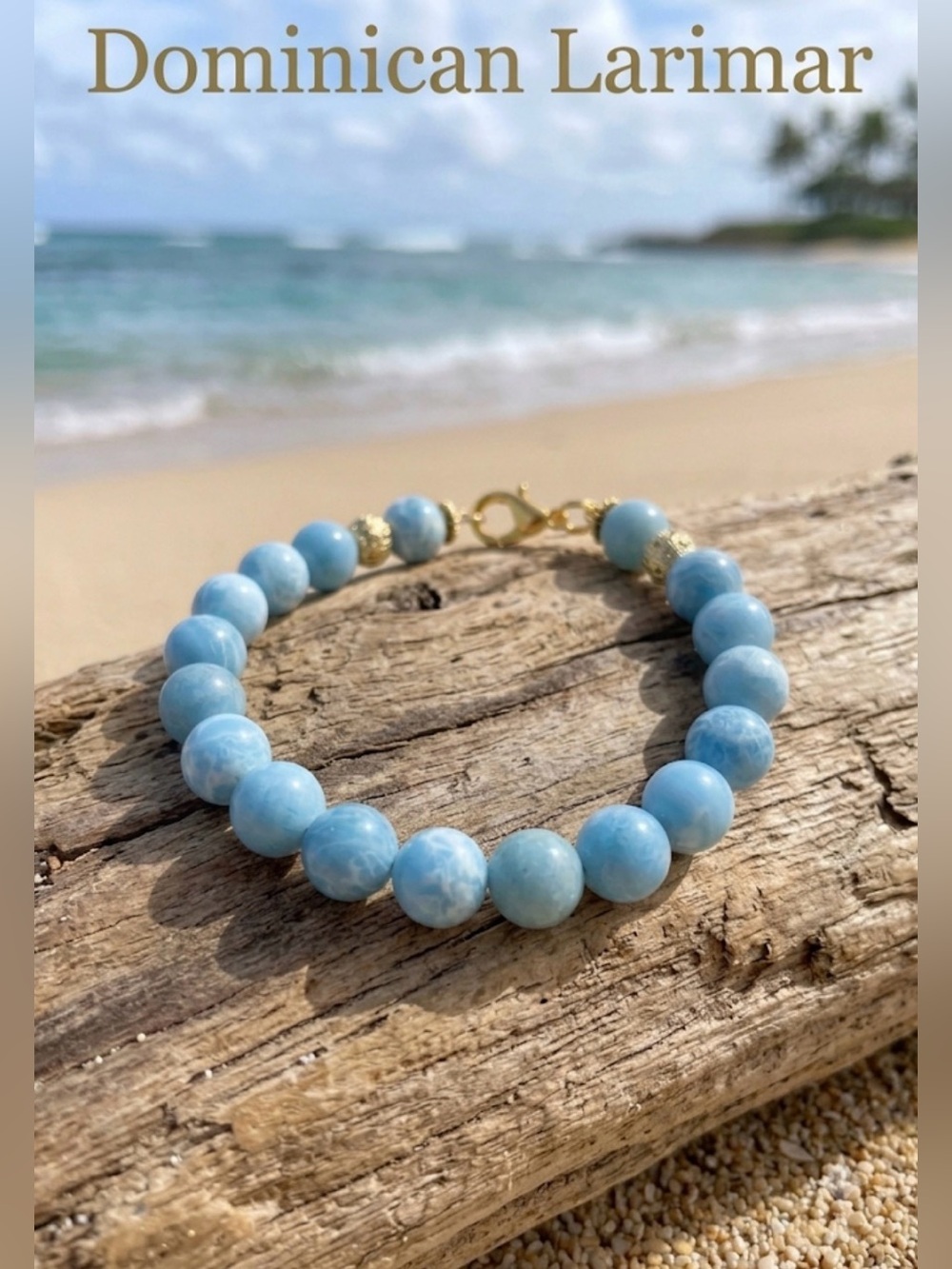 Dominican Larimar Bead Bracelet - Blue Gemstone with Gold Accents